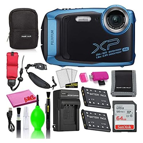 후지필름 Fujifilm FinePix XP140 Waterproof Digital Camera (Sky Blue) Accessory Bundle with 64GB SD Card + Small Camera Case + Extra Battery + Battery Charger + Floating Strap + More