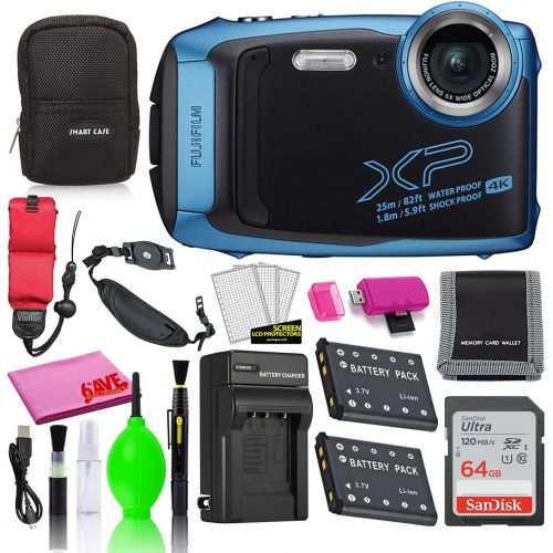 후지필름 Fujifilm FinePix XP140 Waterproof Digital Camera (Sky Blue) Accessory Bundle with 64GB SD Card + Small Camera Case + Extra Battery + Battery Charger + Floating Strap + More