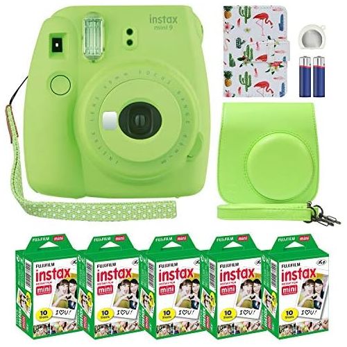 후지필름 Fujifilm Fuji Instax Mini 9 Instant Camera Lime Green with Custom Case + Fuji Instax Film Value Pack (50 Sheets) Flamingo Designer Photo Album for Fuji instax Mini 9 Photos