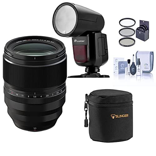 후지필름 Fujifilm Fujinon XF 50mm F/1.0 Lens with Aperture Ring and Weather Resistance, Black Speedlight Bundle with Flashpoint Zoom Li-on X R2 TTL On-Camera Round Flash, Lens Case, Filter