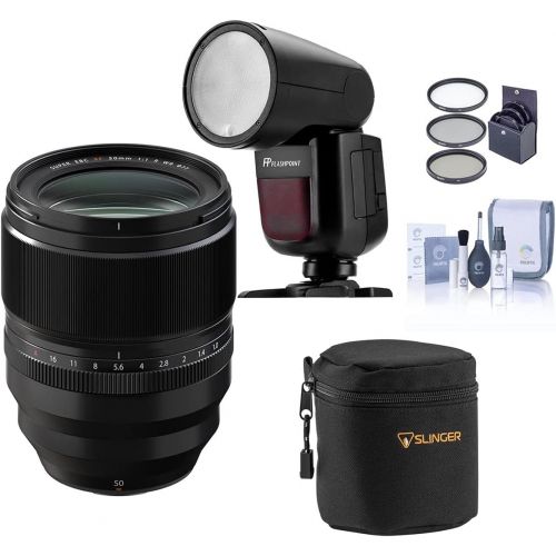 후지필름 Fujifilm Fujinon XF 50mm F/1.0 Lens with Aperture Ring and Weather Resistance, Black Speedlight Bundle with Flashpoint Zoom Li-on X R2 TTL On-Camera Round Flash, Lens Case, Filter