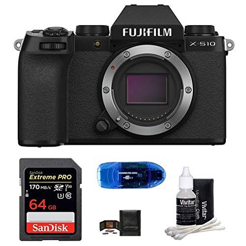 후지필름 FUJIFILM X-S10 Mirrorless Digital Camera Bundle, Includes: SanDisk 64GB Extreme PRO SDXC Memory Card, Card Reader, Memory Card Wallet and Lens Cleaning Kit (5 Items) (Body)