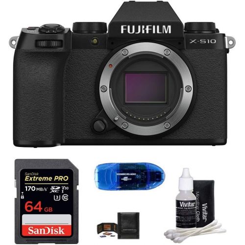 후지필름 FUJIFILM X-S10 Mirrorless Digital Camera Bundle, Includes: SanDisk 64GB Extreme PRO SDXC Memory Card, Card Reader, Memory Card Wallet and Lens Cleaning Kit (5 Items) (Body)