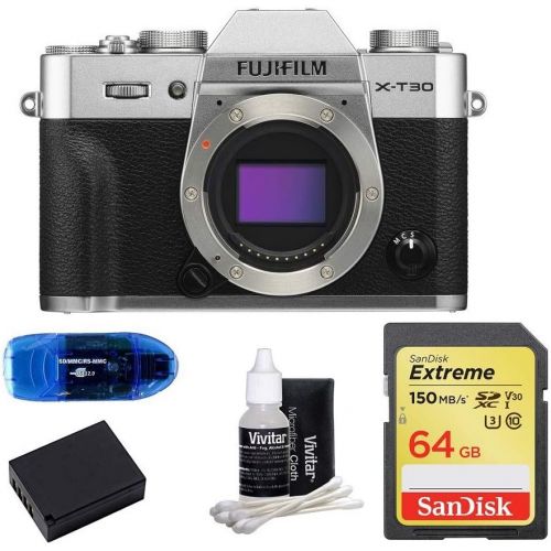 후지필름 FUJIFILM X-T30 Mirrorless Digital Camera Body (Silver) Bundle, Includes: SanDisk 64GB Extreme SDXC Memory Card, Card Reader, Spare Battery and Lens Cleaning Kit (5 Items)