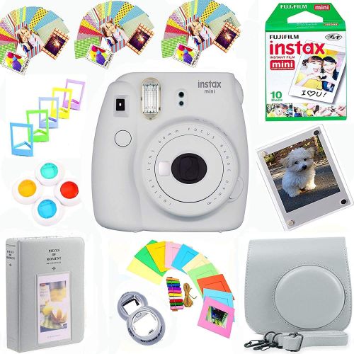 후지필름 Fujifilm Instax Mini 9 Film Camera (Smokey White) + Film Pack(10 Shots) + Pleather Case + Filters + Selfie Lens + Album + Frames & Stick-on Frames Exclusive Instax Design Bundle