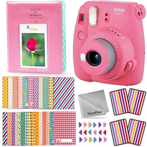 후지필름 FujiFilm Instax Mini 9 Instant Camera (Flamingo Pink) + Accessories Kit Includes: 64 Pocket Photo Album, 60 Colorful Sticker Frames, Corner Stickers, HeroFiber Cloth + Accessory Bu