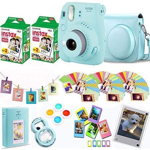 후지필름 Fujifilm Instax Mini 9 Instant Camera Compatible Carrying Case + Fuji Instax Film 40 Shots + Magnetic Acrylic Frame + Album, Frames, Filter Set & Selfie Lens 90 PC Design Kit (Ice