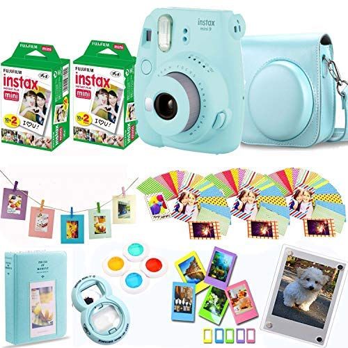 후지필름 Fujifilm Instax Mini 9 Instant Camera Compatible Carrying Case + Fuji Instax Film 40 Shots + Magnetic Acrylic Frame + Album, Frames, Filter Set & Selfie Lens 90 PC Design Kit (Ice