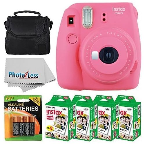 후지필름 Fujifilm instax mini 9 Instant Film Camera (Flamingo Pink) + Fujifilm Instax Mini Twin Pack Instant Film (80 Shots) + Camera Case + AA Batteries + Accessory Bundle