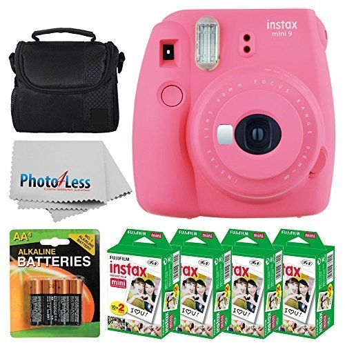 후지필름 Fujifilm instax mini 9 Instant Film Camera (Flamingo Pink) + Fujifilm Instax Mini Twin Pack Instant Film (80 Shots) + Camera Case + AA Batteries + Accessory Bundle