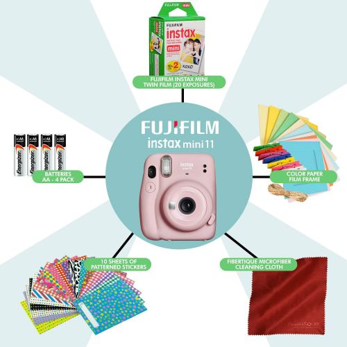 후지필름 FUJIFILM INSTAX Mini 11 Instant Film Camera (Blush Pink) with Fujifilm Instax Mini Twin Film (20 Exposures) and Accessories Bundle