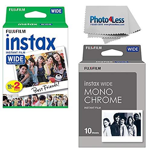 후지필름 Fujifilm Instax Wide Instant Film Twin Pack (20 Sheets) + Fujifilm Instax Wide Monochrome Film (10 Sheets) + Camera and Lens Cleaning Cloth top Value Bundle