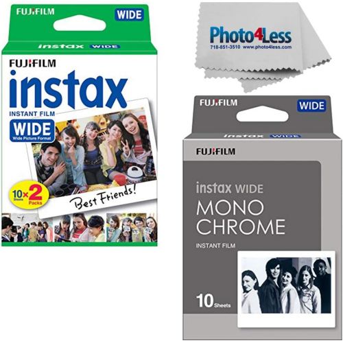 후지필름 Fujifilm Instax Wide Instant Film Twin Pack (20 Sheets) + Fujifilm Instax Wide Monochrome Film (10 Sheets) + Camera and Lens Cleaning Cloth top Value Bundle