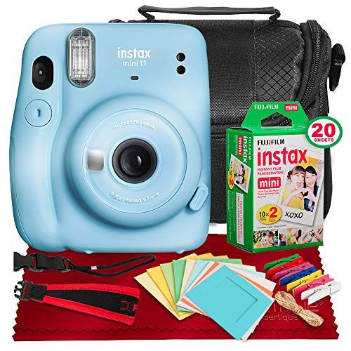 후지필름 FUJIFILM INSTAX Mini 11 Instant Film Camera (Sky Blue) + Fujifilm Instax Mini Twin Film (20 Exposures), Camera Carrying Case, Xpix Camera Strap & Funky Film Frames