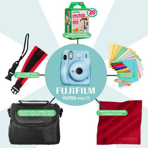 후지필름 FUJIFILM INSTAX Mini 11 Instant Film Camera (Sky Blue) + Fujifilm Instax Mini Twin Film (20 Exposures), Camera Carrying Case, Xpix Camera Strap & Funky Film Frames