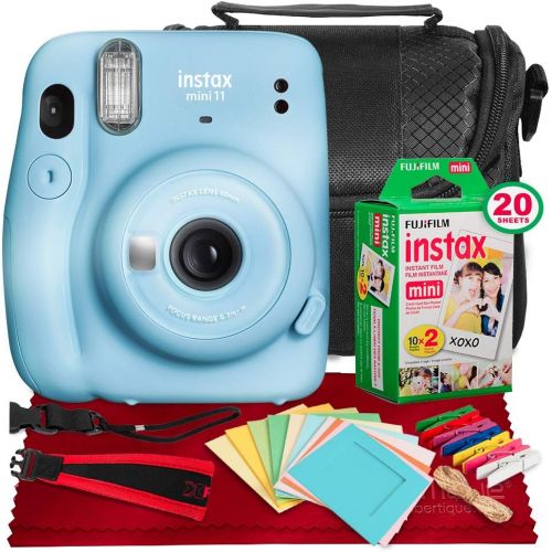 후지필름 FUJIFILM INSTAX Mini 11 Instant Film Camera (Sky Blue) + Fujifilm Instax Mini Twin Film (20 Exposures), Camera Carrying Case, Xpix Camera Strap & Funky Film Frames