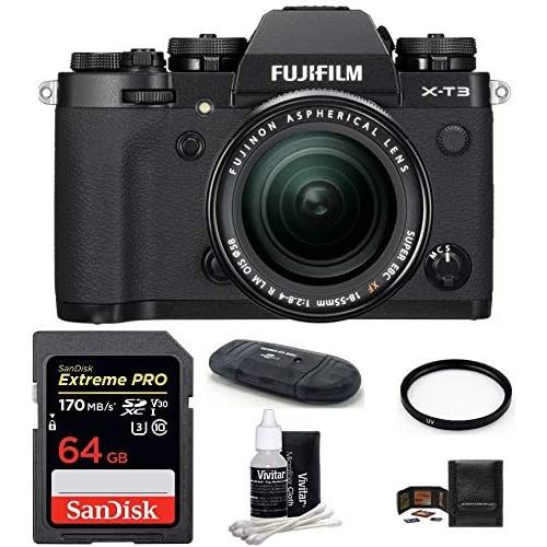 후지필름 FUJIFILM X-T3 Mirrorless Digital Camera with XF 18-55mm f/2.8-4 R LM OIS Zoom (Black) Bundle, Includes: SanDisk 64GB Extreme PRO SDXC Memory Card, Card Reader and More