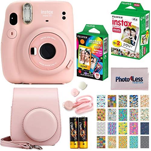 후지필름 Fujifilm Instax Mini 11 Instant Camera - Blush Pink (16654774) + Fujifilm Instax Mini Twin Pack Instant Film (16437396) + Single Pack Rainbow Film + Case + Travel Stickers