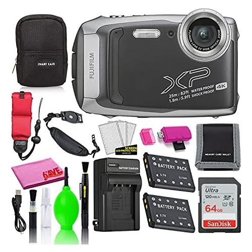 후지필름 Fujifilm FinePix XP140 Waterproof Digital Camera (Dark Silver) Accessory Bundle with 64GB SD Card + Small Camera Case + Extra Battery + Battery Charger + Floating Strap + More