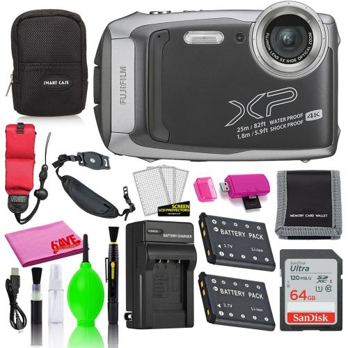 후지필름 Fujifilm FinePix XP140 Waterproof Digital Camera (Dark Silver) Accessory Bundle with 64GB SD Card + Small Camera Case + Extra Battery + Battery Charger + Floating Strap + More