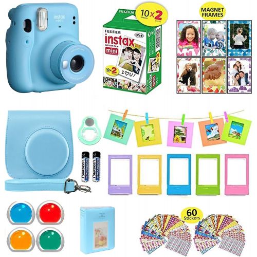 후지필름 Fujifilm Instax Mini 11 Instant Camera Sky Blue + Shutter Compatible Carrying Case + Fuji Film Value Pack (20 Sheets) + Shutter Accessories Bundle, Color Filters, Photo Album, Asso