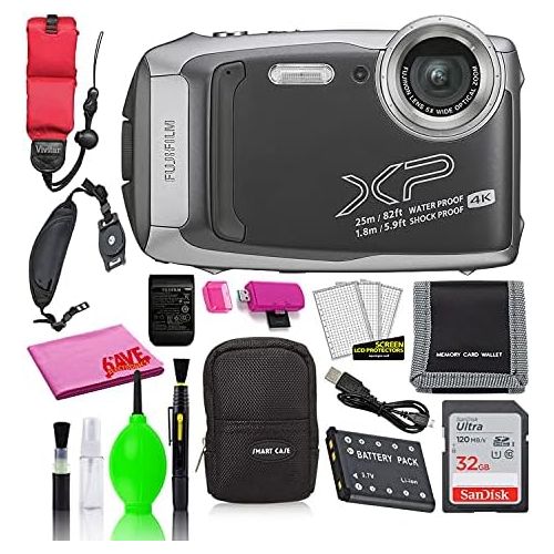 후지필름 Fujifilm FinePix XP140 Waterproof Digital Camera (Dark Silver) Accessory Bundle with 32GB SD Card + Small Camera Case + Floating Wrist Strap + Deluxe Cleaning Kit + More