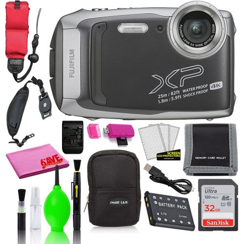 후지필름 Fujifilm FinePix XP140 Waterproof Digital Camera (Dark Silver) Accessory Bundle with 32GB SD Card + Small Camera Case + Floating Wrist Strap + Deluxe Cleaning Kit + More