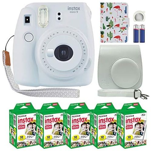 후지필름 Fujifilm Instax Mini 9 Polaroid Instant Camera Smokey White with Custom Case + Fuji Instax Film Value Pack (50 Sheets) Flamingo Designer Photo Album for Fuji instax Mini 9 Photos