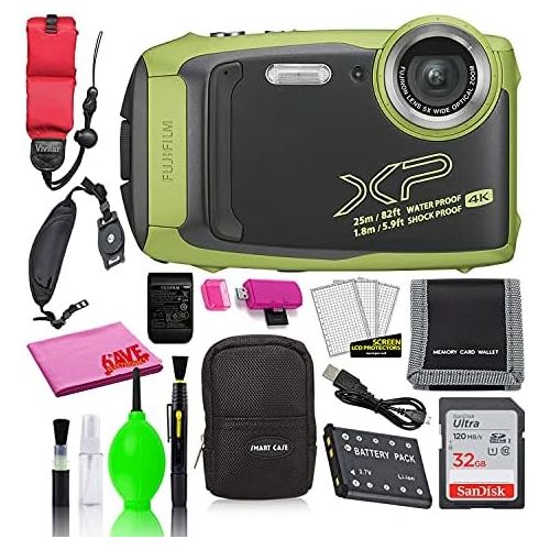 후지필름 Fujifilm FinePix XP140 Waterproof Digital Camera (Lime Green) Accessory Bundle with 32GB SD Card + Small Camera Case + Floating Wrist Strap + Deluxe Cleaning Kit + More