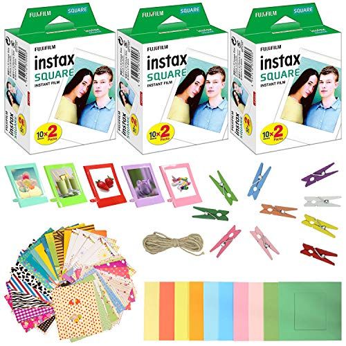 후지필름 Fujifilm Instax Square Instant Film (3 Pack, 60 Sheets) 5 Plastic Desk Frames + 10 Paper Frames Plus 60 Sticker Frames