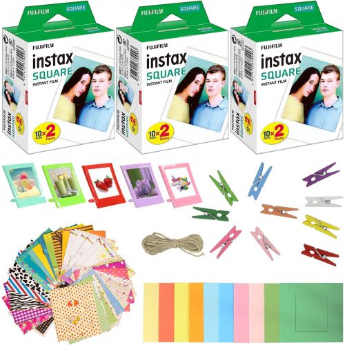 후지필름 Fujifilm Instax Square Instant Film (3 Pack, 60 Sheets) 5 Plastic Desk Frames + 10 Paper Frames Plus 60 Sticker Frames