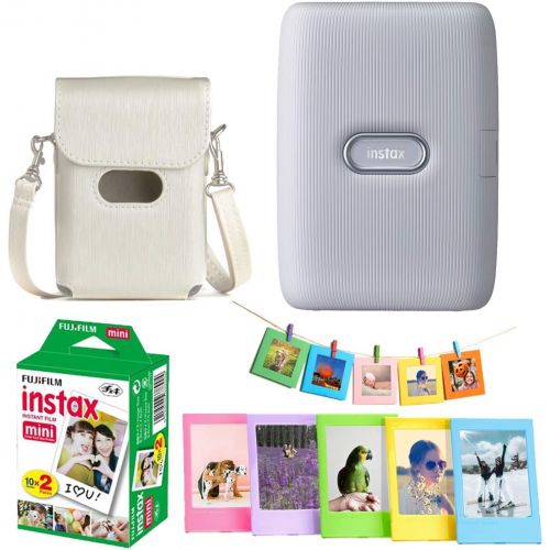 후지필름 Fujifilm Instax Mini Link Smartphone Printer - (Ash White) + Fujifilm Instax Mini Twin Pack Instant Film (20 Sheets) + Protective Case for Mini Link Printer - Accessory Bundle