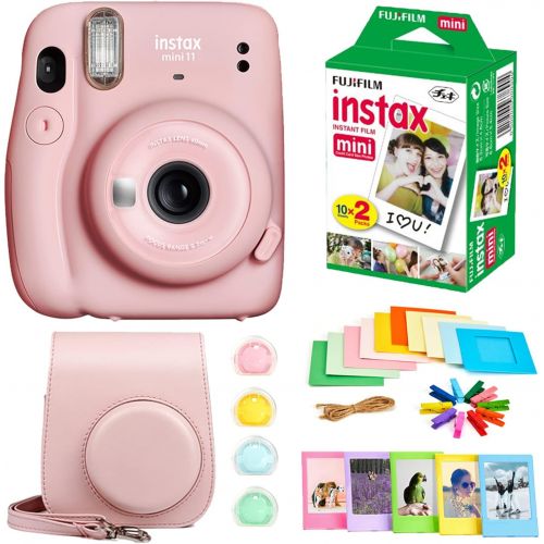 후지필름 Fujifilm Instax Mini 11 Instant Camera + Instax Mini Twin Pack Film + Hanging Frames + Plastic Frames + Case + Close Up Filters - All Inclusive Bundle! (Blush Pink)