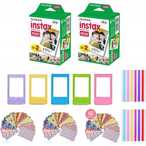 후지필름 Fujifilm Instax Mini Instant Film (2 Pack, 40 Sheets) 5 Plastic Desk Frames + 60 Sticker Frames + 2 Packs Corner Stickers