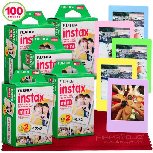 후지필름 Fujifilm Instax Mini Instant Film (100 Sheets) Instax Mini + 5 Picture Frames + FiberTique Cleaning Cloth (USA Warranty)