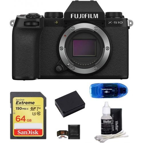 후지필름 FUJIFILM X-S10 Mirrorless Digital Camera Body Bundle, Includes: SanDisk 64GB Extreme Memory Card, Spare Battery, Card Reader, Memory Card Wallet and Lens Cleaning Kit (6 Items)