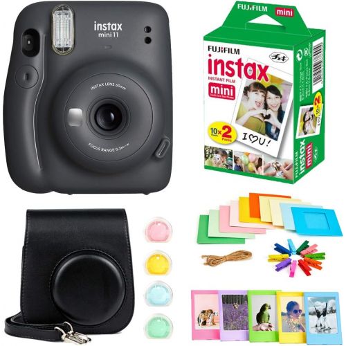 후지필름 Fujifilm Instax Mini 11 Instant Camera + Instax Mini Twin Pack Film + Hanging Frames + Plastic Frames + Case + Close Up Filters - All Inclusive Bundle! (Charcoal Grey)