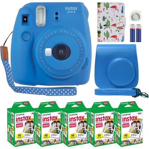 후지필름 Fujifilm Instax Mini 9 Instant Camera Cobalt Blue with Custom Case + Fuji Instax Film Value Pack (50 Sheets) Flamingo Designer Photo Album for Fuji instax Mini 9 Photos