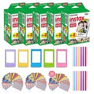 Fujifilm Instax Mini Instant Film (5 Pack, 100 Sheets) 5 Plastic Desk Frames + 60 Sticker Frames + 2 Packs Corner Stickers