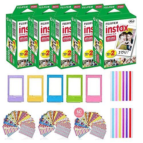 후지필름 Fujifilm Instax Mini Instant Film (5 Pack, 100 Sheets) 5 Plastic Desk Frames + 60 Sticker Frames + 2 Packs Corner Stickers