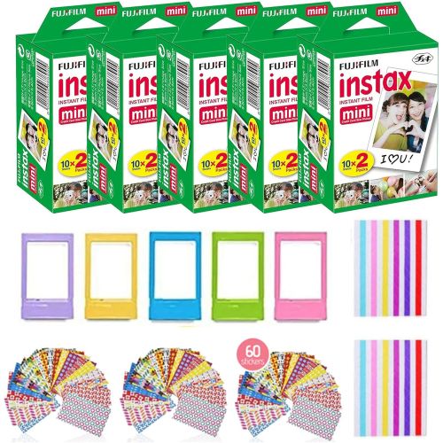 후지필름 Fujifilm Instax Mini Instant Film (5 Pack, 100 Sheets) 5 Plastic Desk Frames + 60 Sticker Frames + 2 Packs Corner Stickers