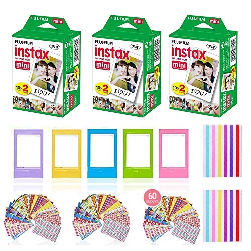 후지필름 Fujifilm Instax Mini Instant Film (3 Pack, 60 Sheets) 5 Plastic Desk Frames + 60 Sticker Frames + 2 Packs Corner Stickers