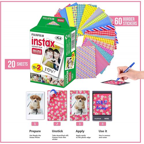 후지필름 Fujifilm Instax Mini Instant Film (3 Pack, 60 Sheets) 5 Plastic Desk Frames + 60 Sticker Frames + 2 Packs Corner Stickers