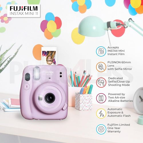 후지필름 Fujifilm Instax Mini 11 Instant Camera + Instax Mini Twin Pack Film + Hanging Frames + Plastic Frames + Case + Close Up Filters - All Inclusive Bundle! (Lilac Purple)