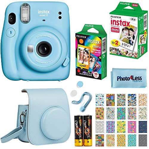 후지필름 Fujifilm Instax Mini 11 Instant Camera - Sky Blue (16654762) + Fujifilm Instax Mini Twin Pack Instant Film (16437396) + Single Pack Rainbow Film + Case + Travel Stickers