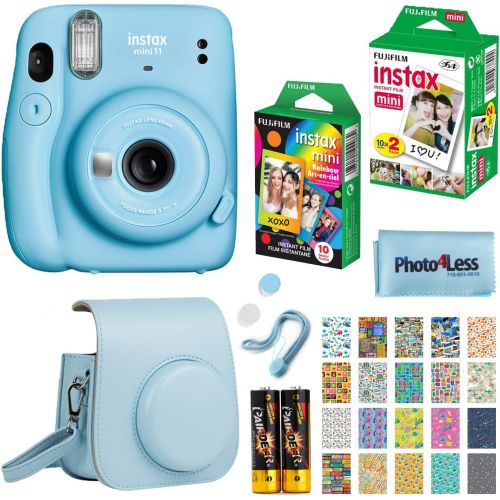 후지필름 Fujifilm Instax Mini 11 Instant Camera - Sky Blue (16654762) + Fujifilm Instax Mini Twin Pack Instant Film (16437396) + Single Pack Rainbow Film + Case + Travel Stickers