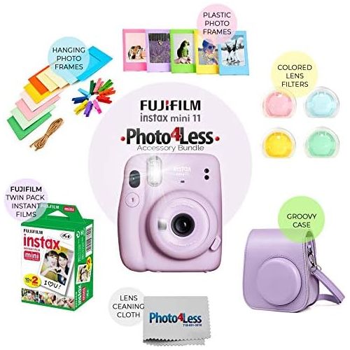 후지필름 Fujifilm Instax Mini 11 Instant Camera + Instax Mini Twin Pack Film + Hanging Frames + Plastic Frames + Case + Close Up Filters - All Inclusive Bundle! (Lilac Purple)