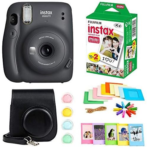 후지필름 Fujifilm Instax Mini 11 Instant Camera + Instax Mini Twin Pack Film + Hanging Frames + Plastic Frames + Case + Close Up Filters - All Inclusive Bundle! (Charcoal Grey)