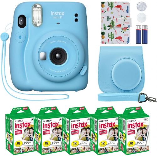 후지필름 Fujifilm Instax Mini 11 Instant Camera Sky Blue + Custom Case + Fuji Instax Film Value Pack (50 Sheets) Flamingo Designer Photo Album for Fuji instax Mini 11 Photos