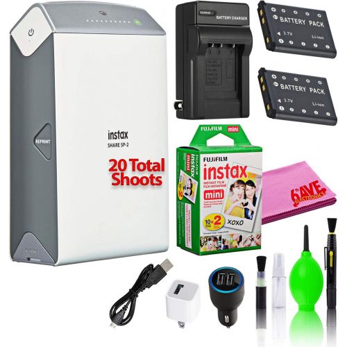 후지필름 Fujifilm Instax Share SP-2 Portable Smartphone Printer (Silver) Creative Photo Printer Kit Basic Beginner Film Bundle with (20) Instax Mini Films + Spare Battery and Charger + More